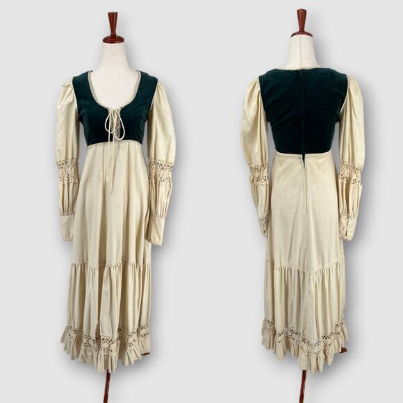 Gunne Sax Dresses & Skirts - 70s Vintage Gunne Sax Prairie Maxi Dress Forest Green Velvet Bodice Cream Cotton
